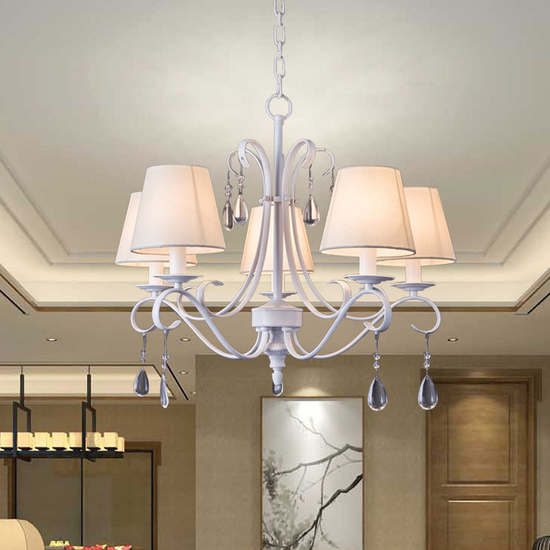 5 Bulbs Hanging Pendant Light Contemporary Fabric Shade Draping Crystal Droplet Ceiling Chandelier for Guest Room in White White Clearhalo 'Ceiling Lights' 'Chandeliers' 'Modern Chandeliers' 'Modern' Lighting' 988406