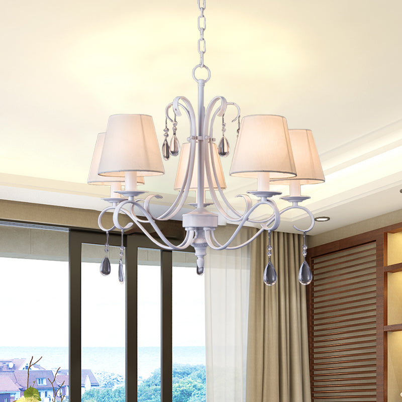 5 Bulbs Hanging Pendant Light Contemporary Fabric Shade Draping Crystal Droplet Ceiling Chandelier for Guest Room in White Clearhalo 'Ceiling Lights' 'Chandeliers' 'Modern Chandeliers' 'Modern' Lighting' 988407