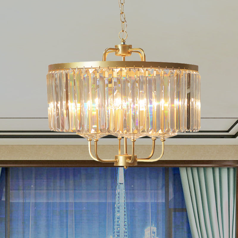 Gold Drum Ceiling Chandelier Contemporary Crystal Block 6-Head Guest Room Suspended Lighting Fixture Gold Clearhalo 'Ceiling Lights' 'Chandeliers' 'Modern Chandeliers' 'Modern' Lighting' 988414