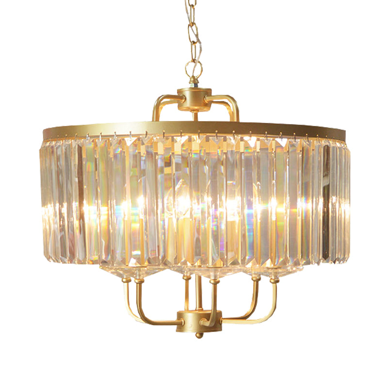 Gold Drum Ceiling Chandelier Contemporary Crystal Block 6-Head Guest Room Suspended Lighting Fixture Clearhalo 'Ceiling Lights' 'Chandeliers' 'Modern Chandeliers' 'Modern' Lighting' 988415