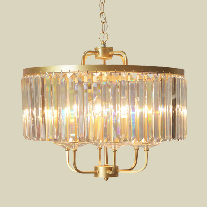 Gold Drum Ceiling Chandelier Contemporary Crystal Block 6-Head Guest Room Suspended Lighting Fixture Clearhalo 'Ceiling Lights' 'Chandeliers' 'Modern Chandeliers' 'Modern' Lighting' 988416