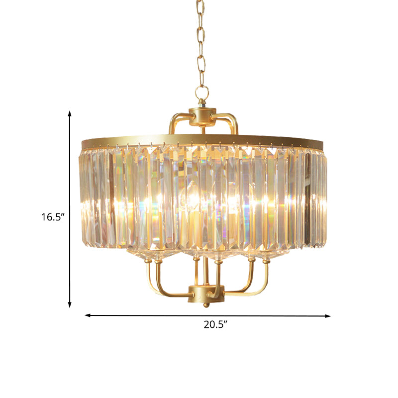 Gold Drum Ceiling Chandelier Contemporary Crystal Block 6-Head Guest Room Suspended Lighting Fixture Clearhalo 'Ceiling Lights' 'Chandeliers' 'Modern Chandeliers' 'Modern' Lighting' 988417