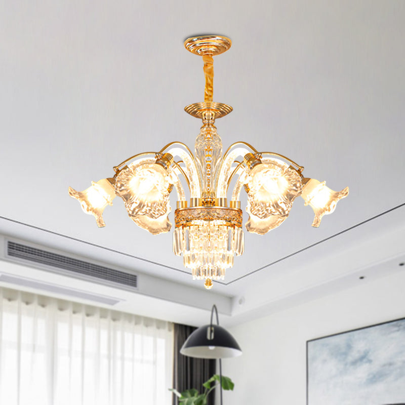 Fountain Ceiling Suspension Lamp European 6-Bulb Crystal Flute Chandelier Lighting Fixture in Gold Clearhalo 'Ceiling Lights' 'Chandeliers' 'Modern Chandeliers' 'Modern' Lighting' 988423