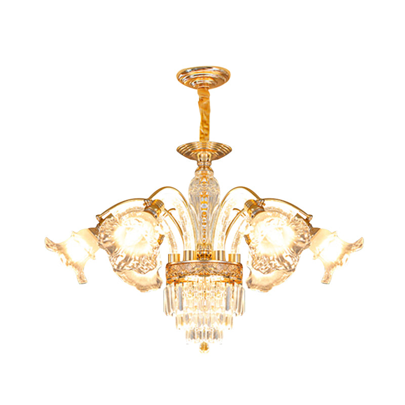Fountain Ceiling Suspension Lamp European 6-Bulb Crystal Flute Chandelier Lighting Fixture in Gold Clearhalo 'Ceiling Lights' 'Chandeliers' 'Modern Chandeliers' 'Modern' Lighting' 988424