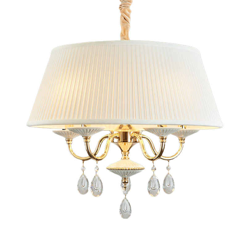 4 Heads Pendant Chandelier Minimalist Drum Plated Fabric Shade Suspension Lamp with Crystal Droplet in White/Grey Clearhalo 'Ceiling Lights' 'Chandeliers' 'Modern Chandeliers' 'Modern' Lighting' 988427