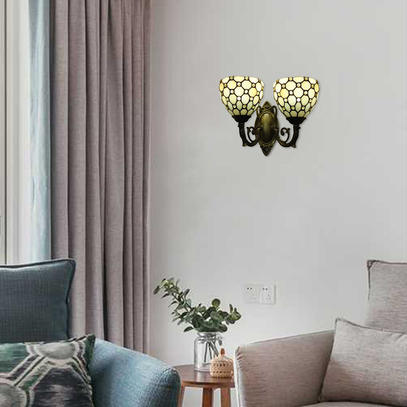 Restaurant Grid Shade Sconce Light Glass 2 Heads Tiffany Vintage Beige Wall Lamp in Beige Beige Clearhalo 'Industrial' 'Middle century wall lights' 'Tiffany wall lights' 'Tiffany' 'Wall Lamps & Sconces' 'Wall Lights' Lighting' 98843