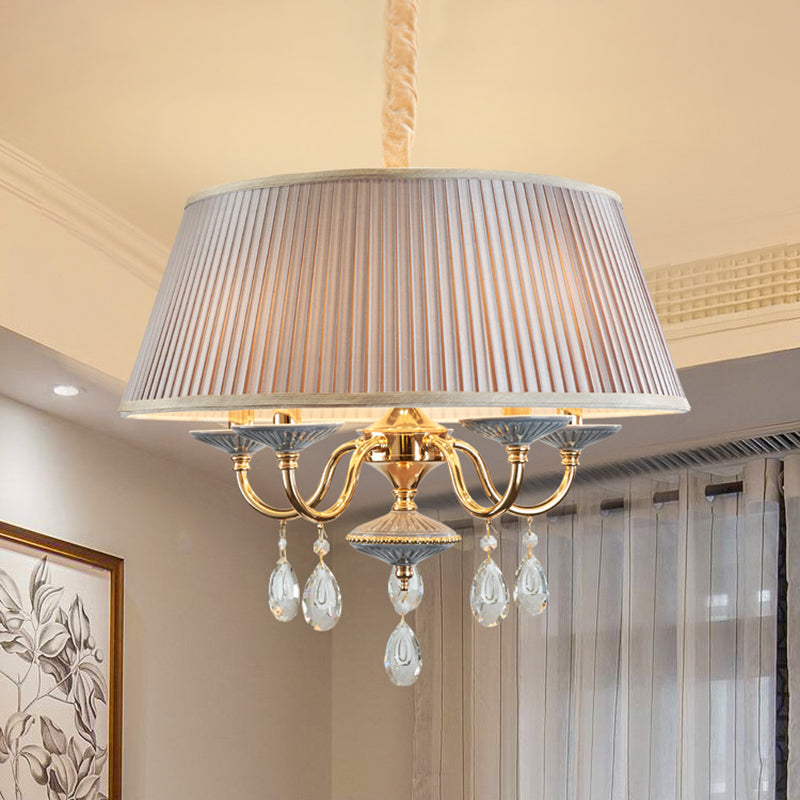 4 Heads Pendant Chandelier Minimalist Drum Plated Fabric Shade Suspension Lamp with Crystal Droplet in White/Grey Grey Clearhalo 'Ceiling Lights' 'Chandeliers' 'Modern Chandeliers' 'Modern' Lighting' 988430
