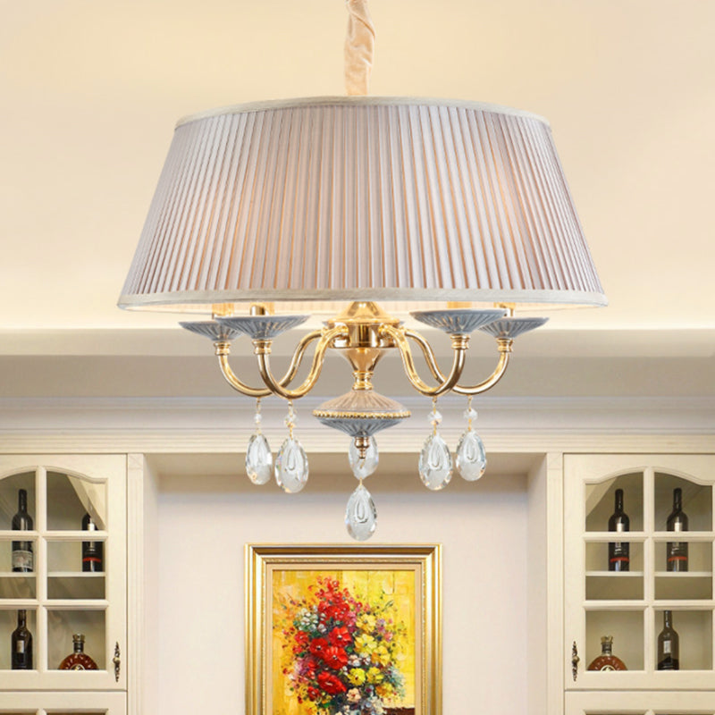 4 Heads Pendant Chandelier Minimalist Drum Plated Fabric Shade Suspension Lamp with Crystal Droplet in White/Grey Clearhalo 'Ceiling Lights' 'Chandeliers' 'Modern Chandeliers' 'Modern' Lighting' 988431