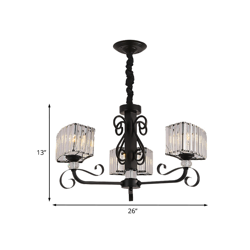 Nordic Trapezoid Chandelier Light Prismatic Optical Crystal 3/6-Head Suspension Lamp in Black Clearhalo 'Ceiling Lights' 'Chandeliers' 'Modern Chandeliers' 'Modern' Lighting' 988454