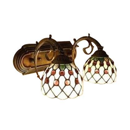 Tiffany Lattice Bowl Wall Sconce Art Glass 2 Bulbs White Wall Light with Curved Arm for Hallway White Clearhalo 'Industrial' 'Middle century wall lights' 'Tiffany wall lights' 'Tiffany' 'Wall Lamps & Sconces' 'Wall Lights' Lighting' 98845