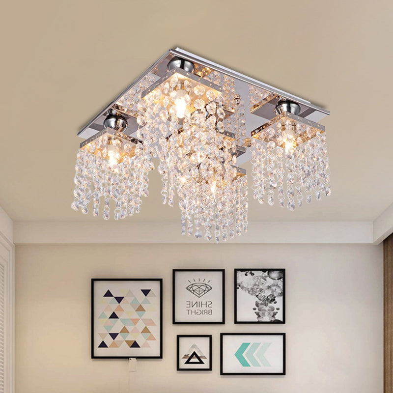 Modern Cubic Ceiling Mount Light Fixture 4-Light Clear Crystal Chain Flush Mount for Living Room - Clear - Clearhalo - 'Ceiling Lights' - 'Close To Ceiling Lights' - 'Close to ceiling' - 'Flush mount' - Lighting' - 988475