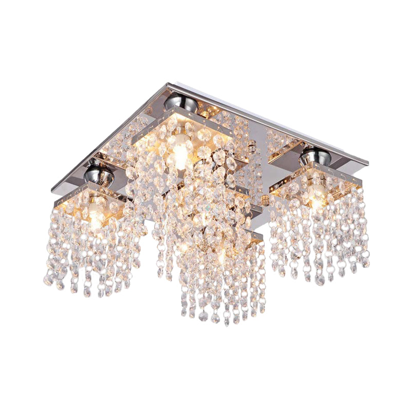 Modern Cubic Ceiling Mount Light Fixture 4-Light Clear Crystal Chain Flush Mount for Living Room - Clearhalo - 'Ceiling Lights' - 'Close To Ceiling Lights' - 'Close to ceiling' - 'Flush mount' - Lighting' - 988476