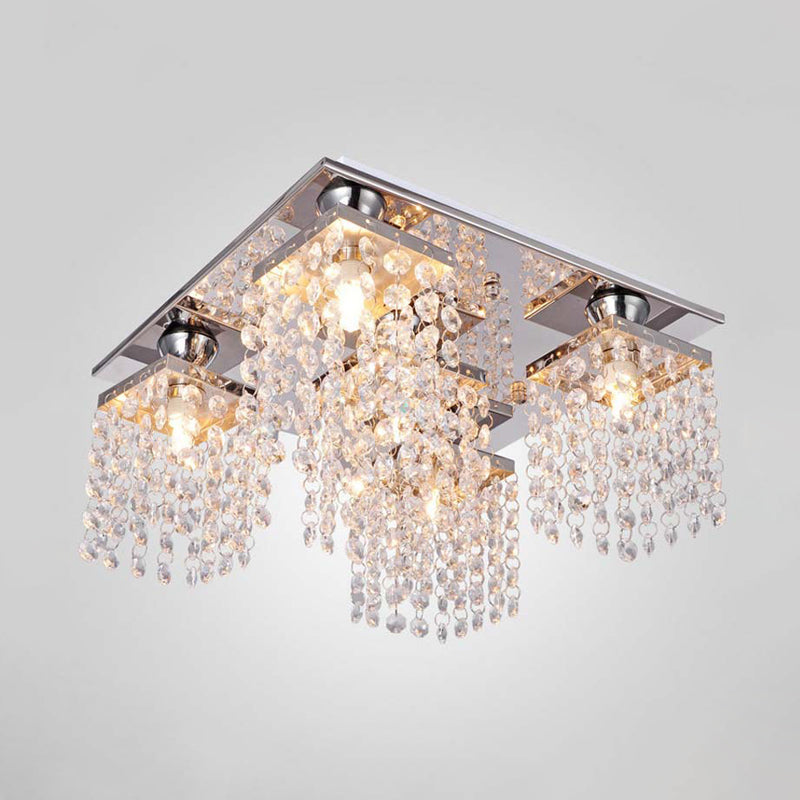 Modern Cubic Ceiling Mount Light Fixture 4-Light Clear Crystal Chain Flush Mount for Living Room - Clearhalo - 'Ceiling Lights' - 'Close To Ceiling Lights' - 'Close to ceiling' - 'Flush mount' - Lighting' - 988477