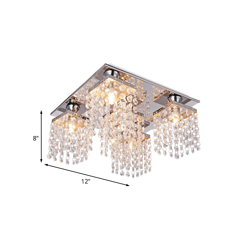 Modern Cubic Ceiling Mount Light Fixture 4-Light Clear Crystal Chain Flush Mount for Living Room - Clearhalo - 'Ceiling Lights' - 'Close To Ceiling Lights' - 'Close to ceiling' - 'Flush mount' - Lighting' - 988478
