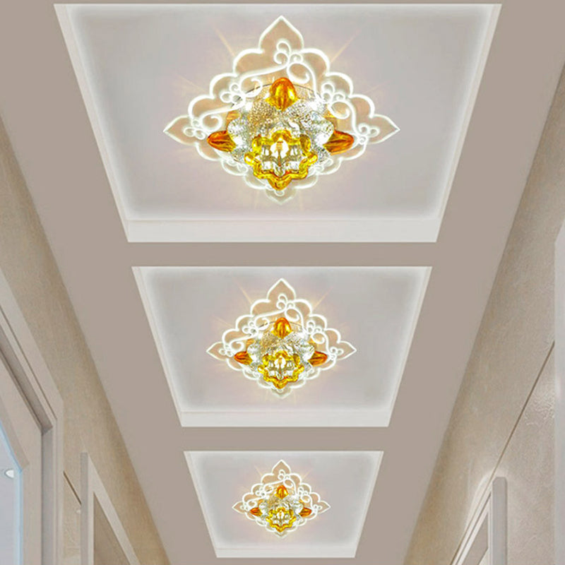 Amber Beveled Glass Crystal Floral Flushmount Contemporary LED Balcony Close to Ceiling Lighting Fixture Clearhalo 'Ceiling Lights' 'Close To Ceiling Lights' 'Close to ceiling' 'Flush mount' Lighting' 988484