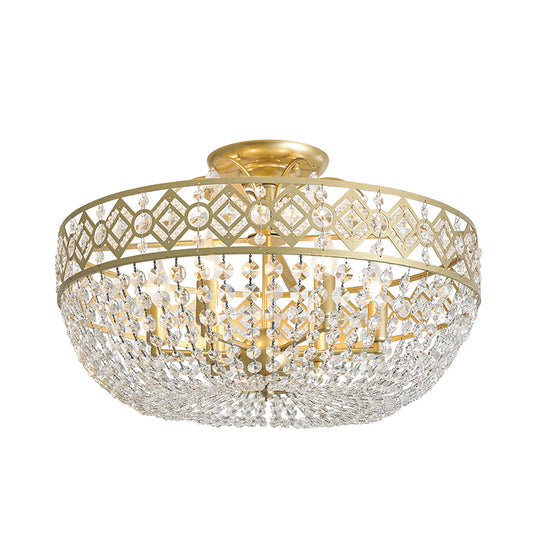 4-Head Crystal Chain Semi Flush Mount Modernism Gold Bowl Guest Room Close to Ceiling Lamp Clearhalo 'Ceiling Lights' 'Close To Ceiling Lights' 'Close to ceiling' 'Semi-flushmount' Lighting' 988536