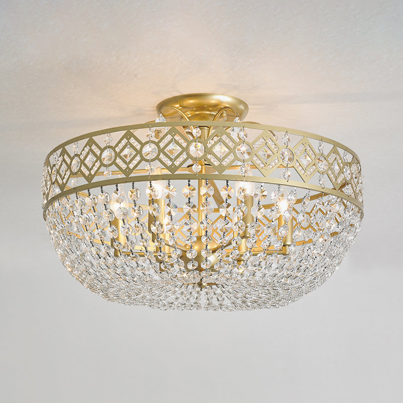 4-Head Crystal Chain Semi Flush Mount Modernism Gold Bowl Guest Room Close to Ceiling Lamp Clearhalo 'Ceiling Lights' 'Close To Ceiling Lights' 'Close to ceiling' 'Semi-flushmount' Lighting' 988537