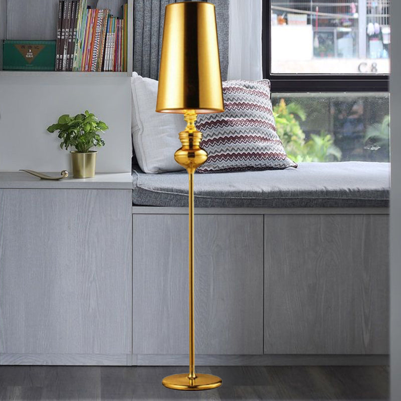 Calabash Shape Floor Reading Lamp Contemporary Metal 1 Head Black/White/Chrome Standing Light with Fabric Conical Shade Gold Clearhalo 'Floor Lamps' 'Lamps' Lighting' 988575