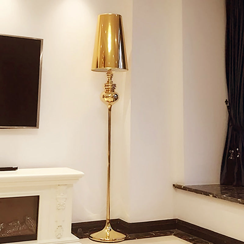 Calabash Shape Floor Reading Lamp Contemporary Metal 1 Head Black/White/Chrome Standing Light with Fabric Conical Shade Clearhalo 'Floor Lamps' 'Lamps' Lighting' 988576