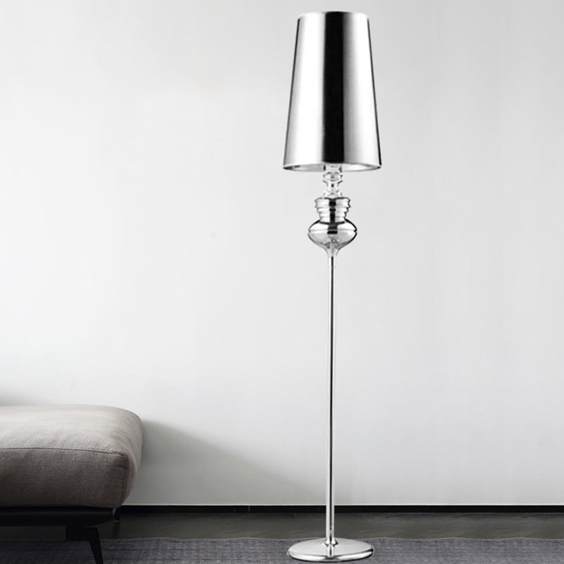 Calabash Shape Floor Reading Lamp Contemporary Metal 1 Head Black/White/Chrome Standing Light with Fabric Conical Shade Chrome Clearhalo 'Floor Lamps' 'Lamps' Lighting' 988583