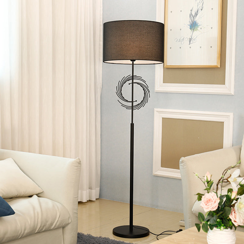 White/Black Circle Floor Light Simplicity 1 Bulb Metal Standing Lamp with Fabric Drum Shade Clearhalo 'Floor Lamps' 'Lamps' Lighting' 988592
