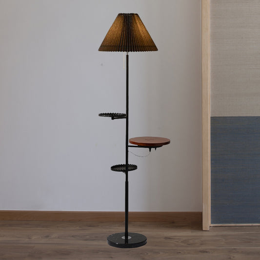 Cone Stand Up Lamp Modern Fabric 1 Bulb Study Room Floor Reading Light with Wood Shelves in Black Black Clearhalo 'Floor Lamps' 'Lamps' Lighting' 988603