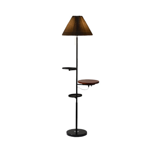 Cone Stand Up Lamp Modern Fabric 1 Bulb Study Room Floor Reading Light with Wood Shelves in Black Clearhalo 'Floor Lamps' 'Lamps' Lighting' 988605