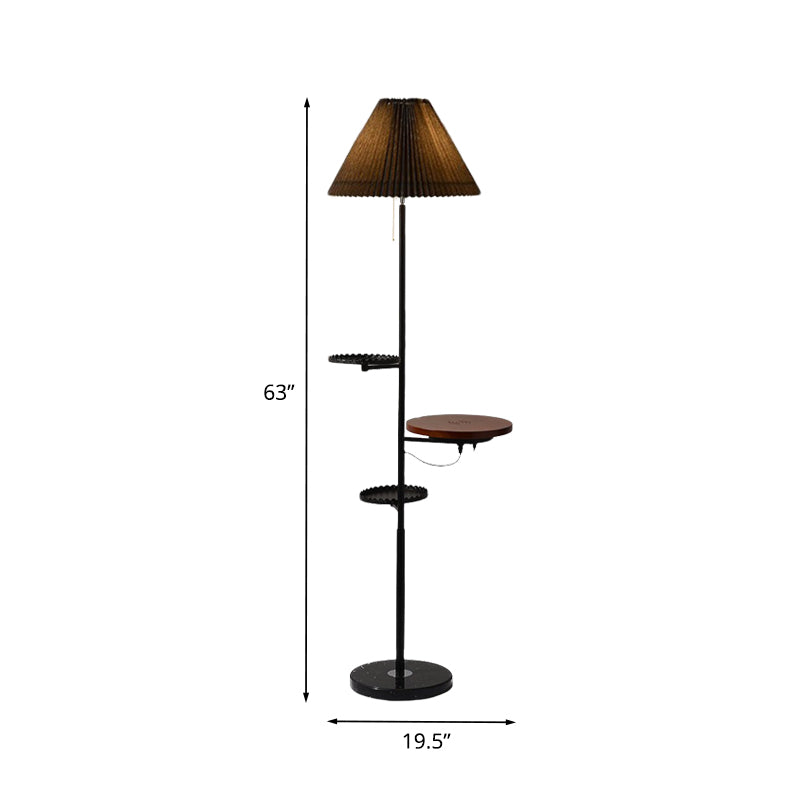 Cone Stand Up Lamp Modern Fabric 1 Bulb Study Room Floor Reading Light with Wood Shelves in Black Clearhalo 'Floor Lamps' 'Lamps' Lighting' 988606