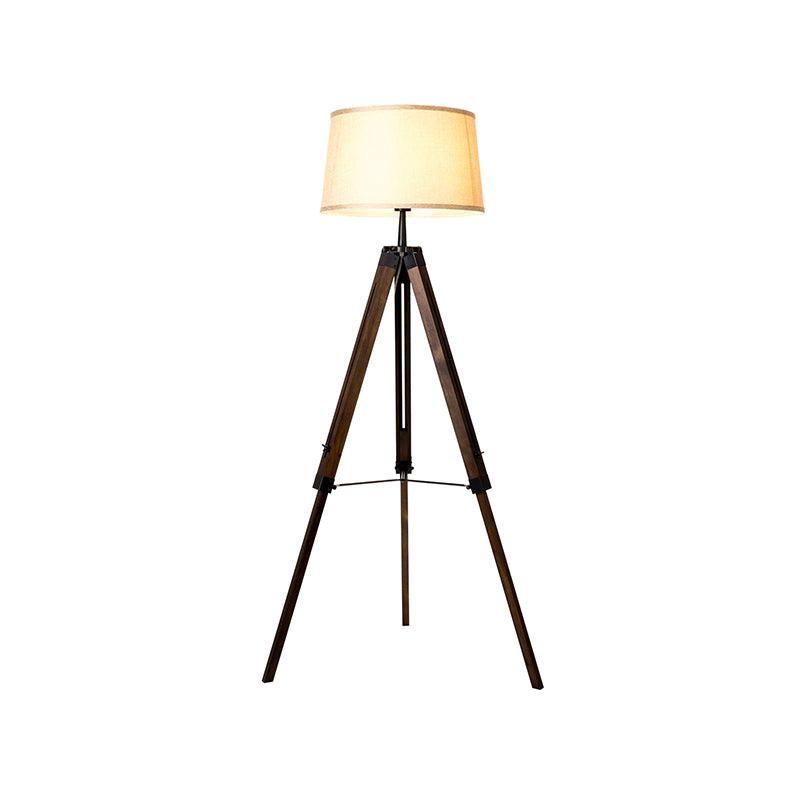 Fabric Barrel Floor Reading Lamp Simplicity Single Head Wood/Distressed Wood Tri-Leg Standing Light Clearhalo 'Floor Lamps' 'Lamps' Lighting' 988625