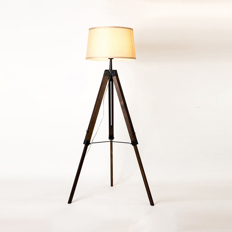 Fabric Barrel Floor Reading Lamp Simplicity Single Head Wood/Distressed Wood Tri-Leg Standing Light Clearhalo 'Floor Lamps' 'Lamps' Lighting' 988626