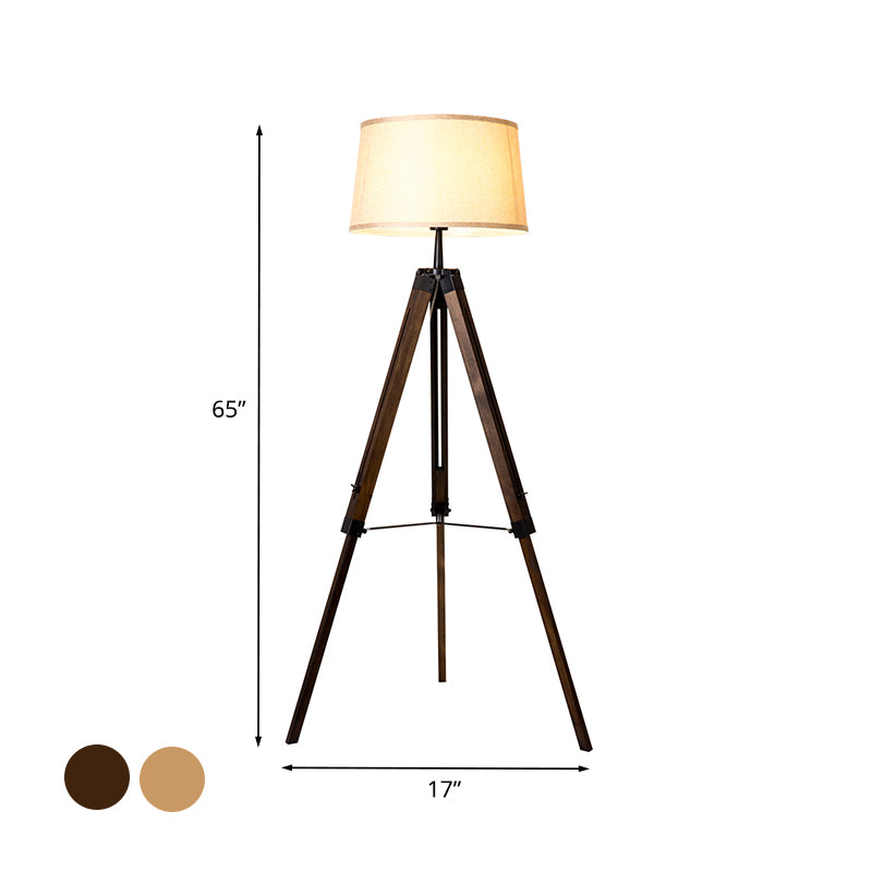 Fabric Barrel Floor Reading Lamp Simplicity Single Head Wood/Distressed Wood Tri-Leg Standing Light Clearhalo 'Floor Lamps' 'Lamps' Lighting' 988627