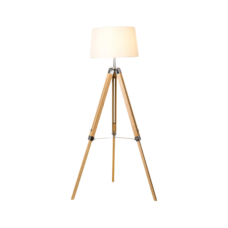 Fabric Barrel Floor Reading Lamp Simplicity Single Head Wood/Distressed Wood Tri-Leg Standing Light Clearhalo 'Floor Lamps' 'Lamps' Lighting' 988631
