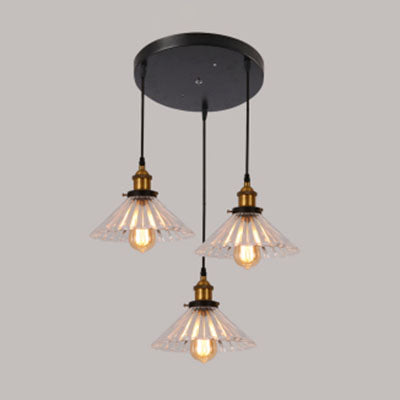 3-Light Multiple Hanging Light Industrial Flared Ribbed Clear Glass Pendant Lighting in Brass with Round Canopy Clear Clearhalo 'Ceiling Lights' 'Glass shade' 'Glass' 'Industrial Pendants' 'Industrial' 'Middle Century Pendants' 'Pendant Lights' 'Pendants' 'Tiffany' Lighting' 98873