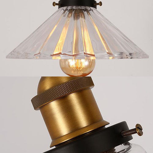 3-Light Multiple Hanging Light Industrial Flared Ribbed Clear Glass Pendant Lighting in Brass with Round Canopy Clearhalo 'Ceiling Lights' 'Glass shade' 'Glass' 'Industrial Pendants' 'Industrial' 'Middle Century Pendants' 'Pendant Lights' 'Pendants' 'Tiffany' Lighting' 98874