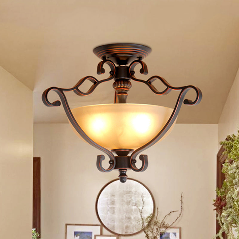 Red Brown Scroll Ceiling Lamp Rustic Metal 3 Heads Dining Room Semi Mount Lighting with Bowl Frosted Glass Shade Red Brown Clearhalo 'Ceiling Lights' 'Chandeliers' 'Close To Ceiling Lights' 'Close to ceiling' 'Glass shade' 'Glass' 'Semi-flushmount' Lighting' 988747