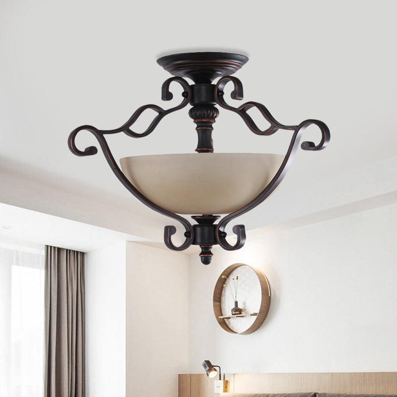 Red Brown Scroll Ceiling Lamp Rustic Metal 3 Heads Dining Room Semi Mount Lighting with Bowl Frosted Glass Shade Clearhalo 'Ceiling Lights' 'Chandeliers' 'Close To Ceiling Lights' 'Close to ceiling' 'Glass shade' 'Glass' 'Semi-flushmount' Lighting' 988748