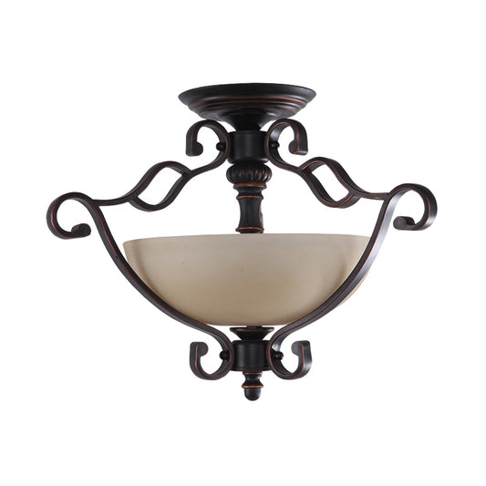 Red Brown Scroll Ceiling Lamp Rustic Metal 3 Heads Dining Room Semi Mount Lighting with Bowl Frosted Glass Shade Clearhalo 'Ceiling Lights' 'Chandeliers' 'Close To Ceiling Lights' 'Close to ceiling' 'Glass shade' 'Glass' 'Semi-flushmount' Lighting' 988749