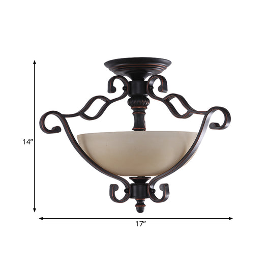 Red Brown Scroll Ceiling Lamp Rustic Metal 3 Heads Dining Room Semi Mount Lighting with Bowl Frosted Glass Shade Clearhalo 'Ceiling Lights' 'Chandeliers' 'Close To Ceiling Lights' 'Close to ceiling' 'Glass shade' 'Glass' 'Semi-flushmount' Lighting' 988750