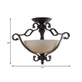 Red Brown Scroll Ceiling Lamp Rustic Metal 3 Heads Dining Room Semi Mount Lighting with Bowl Frosted Glass Shade Clearhalo 'Ceiling Lights' 'Chandeliers' 'Close To Ceiling Lights' 'Close to ceiling' 'Glass shade' 'Glass' 'Semi-flushmount' Lighting' 988750