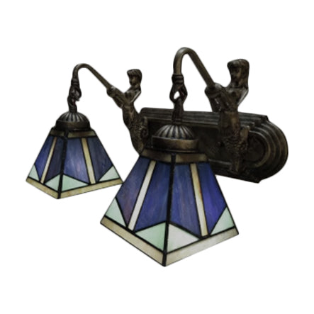 Pyramid Wall Light Fixture Tiffany Blue Glass 1 Head Antique Brass Sconce Lighting Clearhalo 'Industrial' 'Middle century wall lights' 'Tiffany wall lights' 'Tiffany' 'Wall Lamps & Sconces' 'Wall Lights' Lighting' 98912