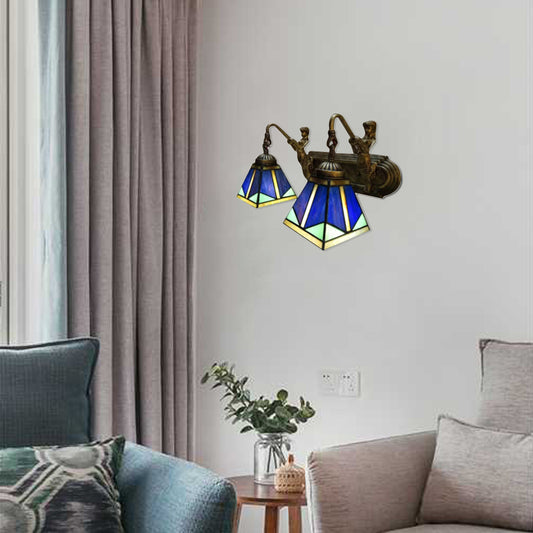 Pyramid Wall Light Fixture Tiffany Blue Glass 1 Head Antique Brass Sconce Lighting Blue Clearhalo 'Industrial' 'Middle century wall lights' 'Tiffany wall lights' 'Tiffany' 'Wall Lamps & Sconces' 'Wall Lights' Lighting' 98913