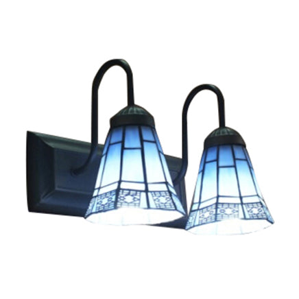 2 Head Living Room Wall Mount Light Tiffany Black Sconce Light with Flared Blue Glass Shade Clearhalo 'Industrial' 'Middle century wall lights' 'Tiffany wall lights' 'Tiffany' 'Wall Lamps & Sconces' 'Wall Lights' Lighting' 98918