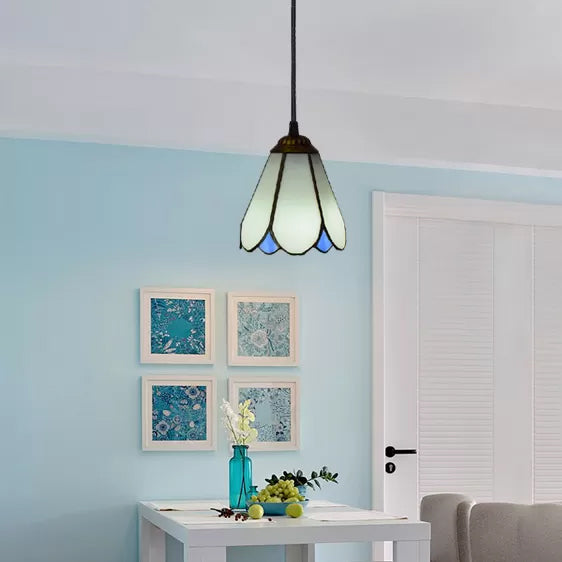 Tiffany Blossom Down Mini Pendant 1 Light Blue/White Glass Ceiling Suspension Lamp for Living Room White Clearhalo 'Ceiling Lights' 'Industrial' 'Middle Century Pendants' 'Pendant Lights' 'Pendants' 'Tiffany close to ceiling' 'Tiffany Pendants' 'Tiffany' Lighting' 9893
