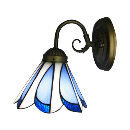 Conical Restaurant Cafe Wall Light Glass 1 Head Tiffany Rustic Wall Light in Blue and White Clearhalo 'Industrial' 'Middle century wall lights' 'Tiffany wall lights' 'Tiffany' 'Wall Lamps & Sconces' 'Wall Lights' Lighting' 98931