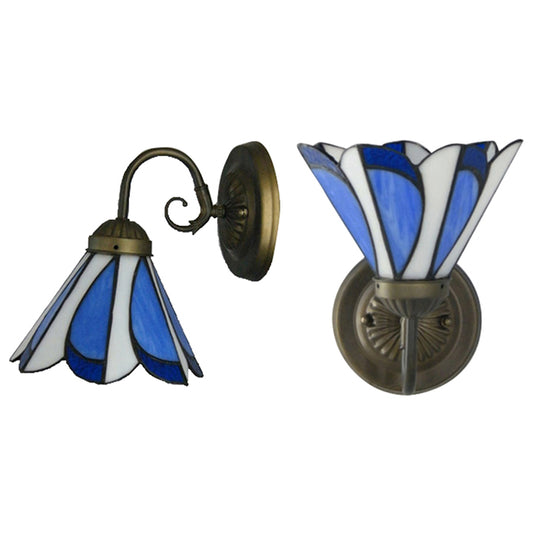 Conical Restaurant Cafe Wall Light Glass 1 Head Tiffany Rustic Wall Light in Blue and White Clearhalo 'Industrial' 'Middle century wall lights' 'Tiffany wall lights' 'Tiffany' 'Wall Lamps & Sconces' 'Wall Lights' Lighting' 98932