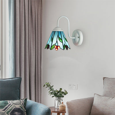 Blue Glass Lily Wall Light Fixture Tiffany 1 Head White Sconce Lighting for Living Room Blue Clearhalo 'Industrial' 'Middle century wall lights' 'Tiffany wall lights' 'Tiffany' 'Wall Lamps & Sconces' 'Wall Lights' Lighting' 98937