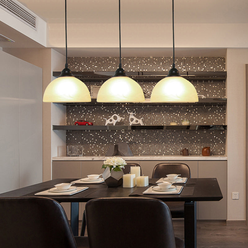 3-Bulb Multi Pendant Light Fixture Vintage Dome White Glass Hanging Lamp in Black with Linear Canopy Clearhalo 'Ceiling Lights' 'Glass shade' 'Glass' 'Industrial Pendants' 'Industrial' 'Middle Century Pendants' 'Pendant Lights' 'Pendants' 'Tiffany' Lighting' 98981