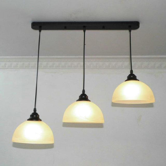 3-Bulb Multi Pendant Light Fixture Vintage Dome White Glass Hanging Lamp in Black with Linear Canopy Clearhalo 'Ceiling Lights' 'Glass shade' 'Glass' 'Industrial Pendants' 'Industrial' 'Middle Century Pendants' 'Pendant Lights' 'Pendants' 'Tiffany' Lighting' 98982