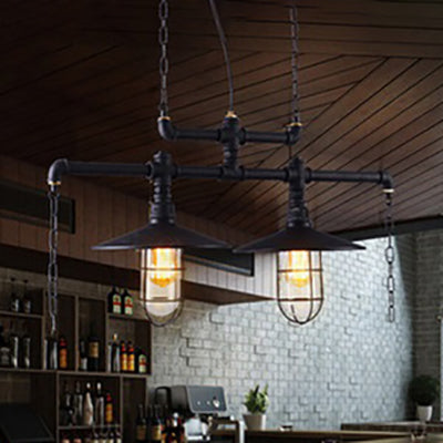 Nautical Stylish Caged Island Light with Flared Shade and Pipe 2 Lights Metal Pendant Lighting in Black for Bar Black Clearhalo 'Ceiling Lights' 'Island Lights' Lighting' 99007