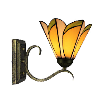 Yellow Conical Wall Light 1 Head Tiffany Stained Glass Wall Lamp in Antique Bronze for Study Room Clearhalo 'Industrial' 'Middle century wall lights' 'Tiffany wall lights' 'Tiffany' 'Wall Lamps & Sconces' 'Wall Lights' Lighting' 99019